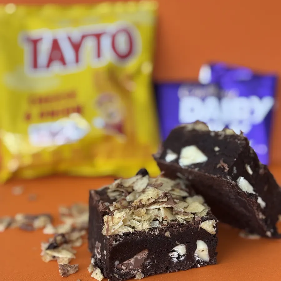 A Wee Taste of Home brownie topped with Tayto crisps and Dairy Milk